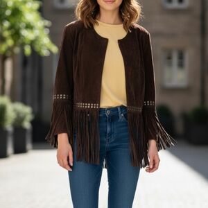 Pamela McCoy Couture Dark Brown Western Fringe Studded Crop Jacket Sz Large NWT